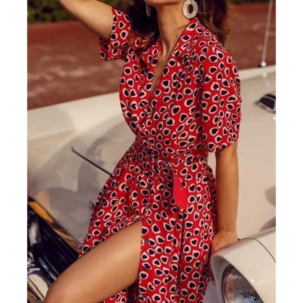 JCREW RED MIDI HEART SHIRT DRESS Short Sleeve Pockets Belt SZ 0 NWT $138